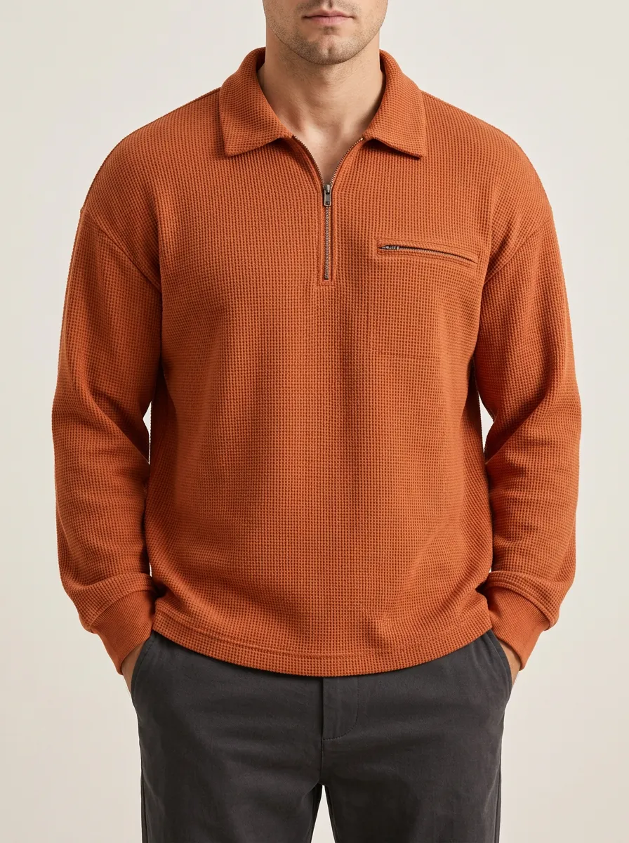 Quarter-Zip Pullover in a Simple Waffle Knit Style