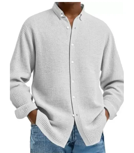 Men's Solid Color Waffle Knit Fashion Casual Long Sleeve Shirt Cardigan