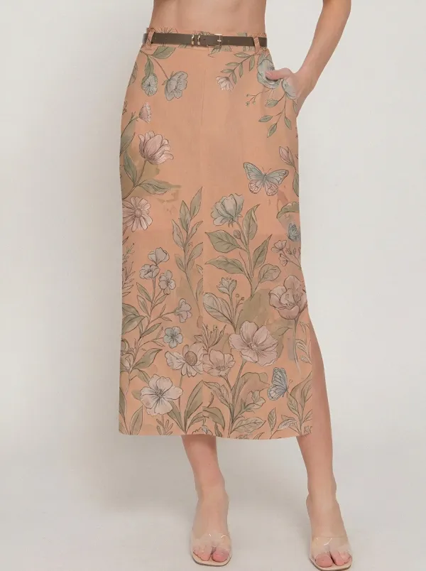 Women's Floral Butterfly Nature Lover Printed Midi Skirt