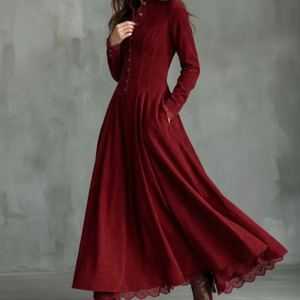 Vintage Faux Suede Lace Trim Shirt Maxi Dress