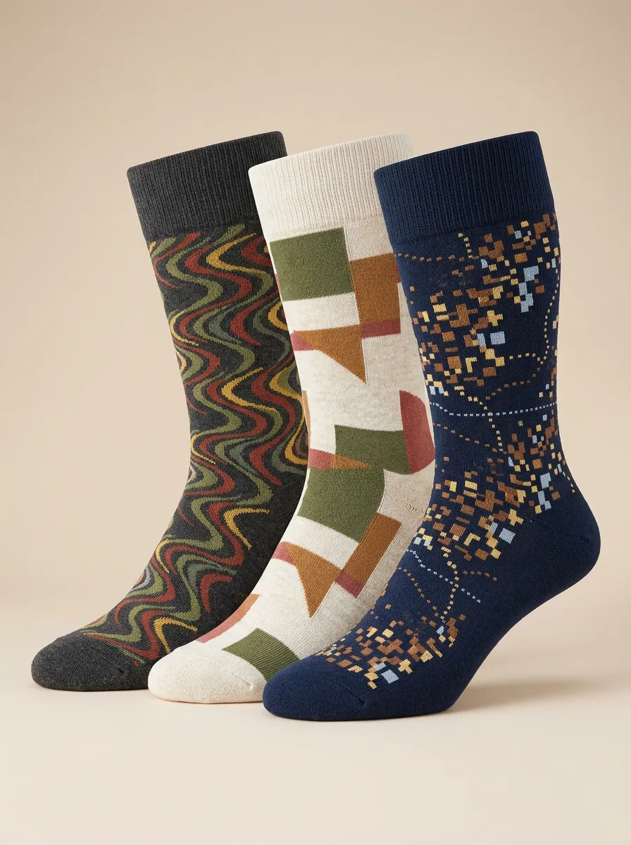 Men's Geometric Abstract Pattern Printed Three Pack Socks Wave Detail