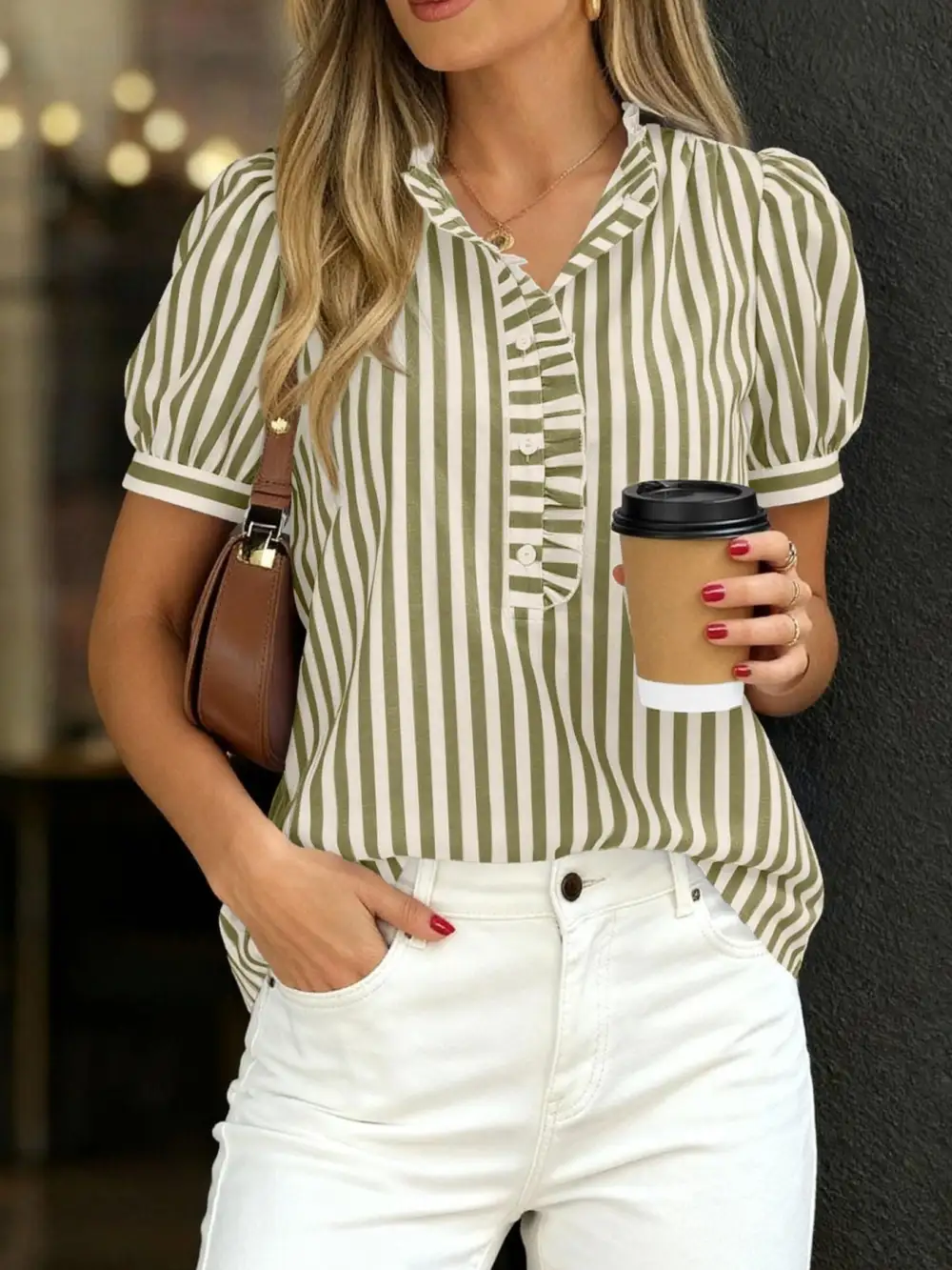 Frill Striped Puff Sleeve Buttoned Ruffled Blouse