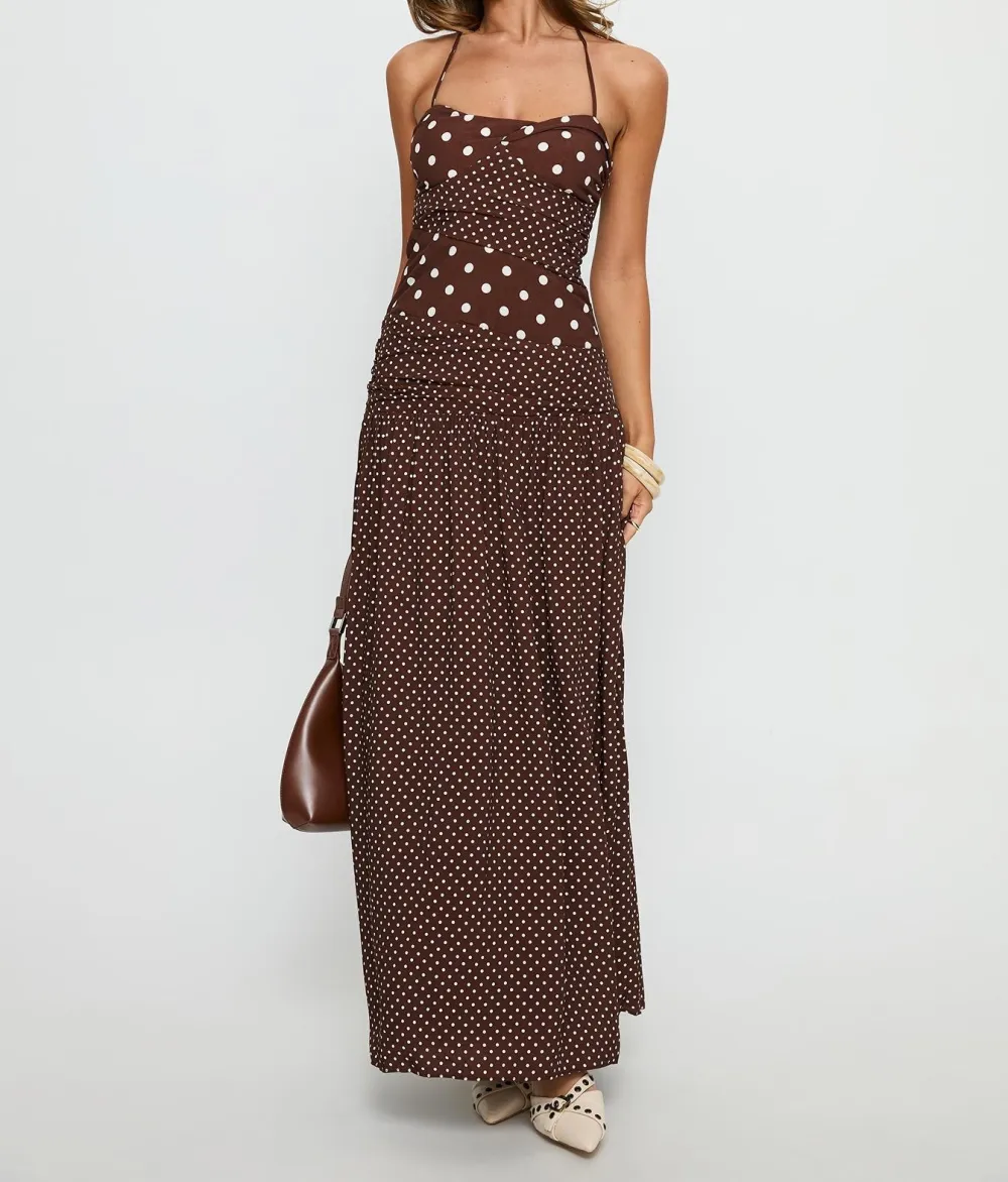 Brown Polka Dot Halter Maxi Dress