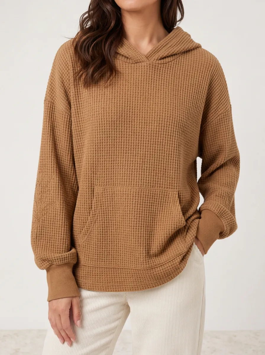 Women's Brown Waffle Knit Floral Embroidered Hooded Top