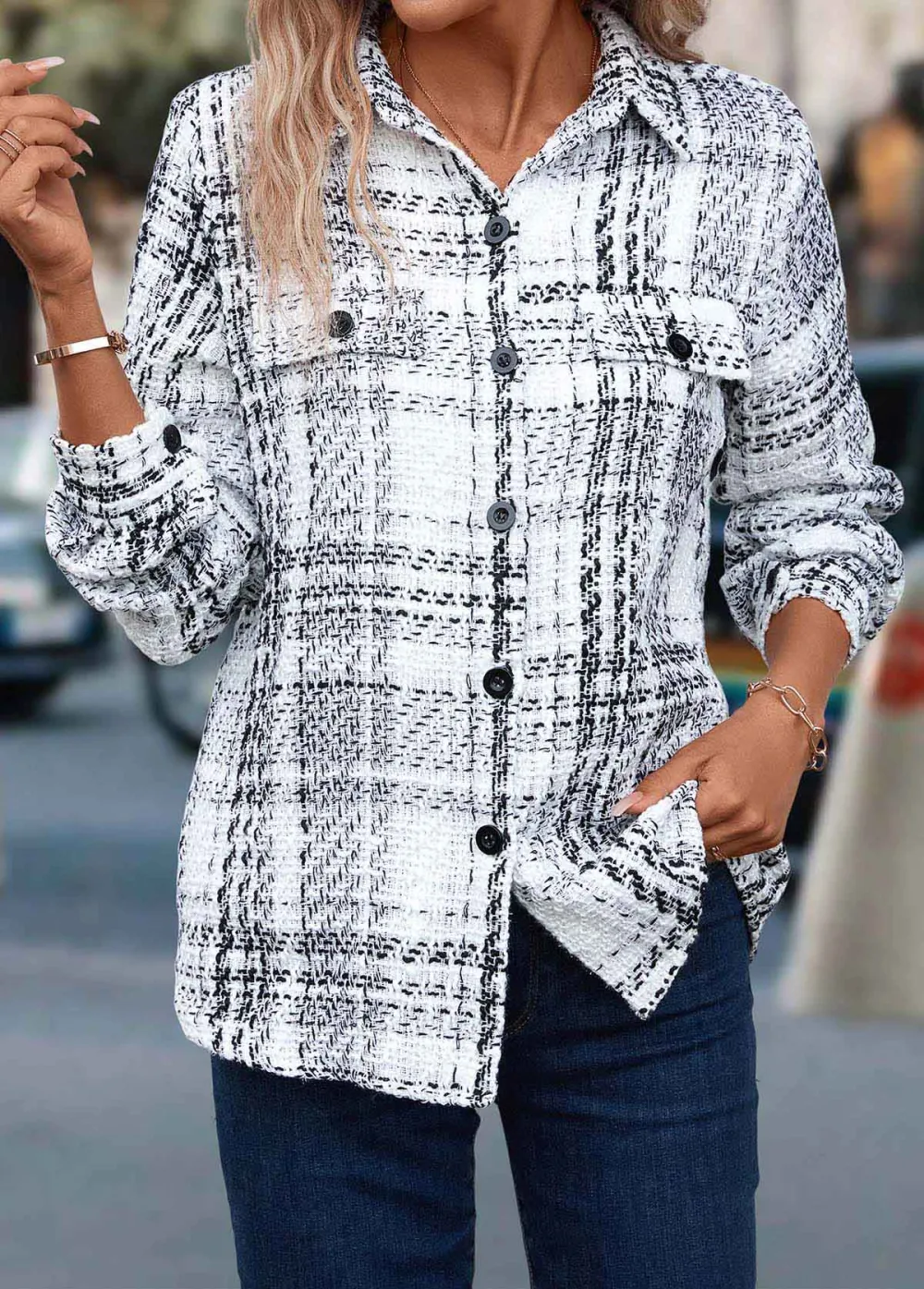White Button Plaid Long Sleeve Shirt Collar Coat