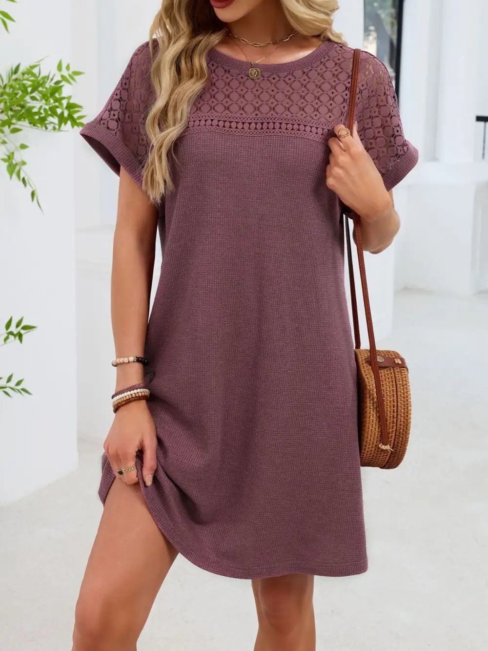Lace Round Neck Short Sleeve Shirt Dress