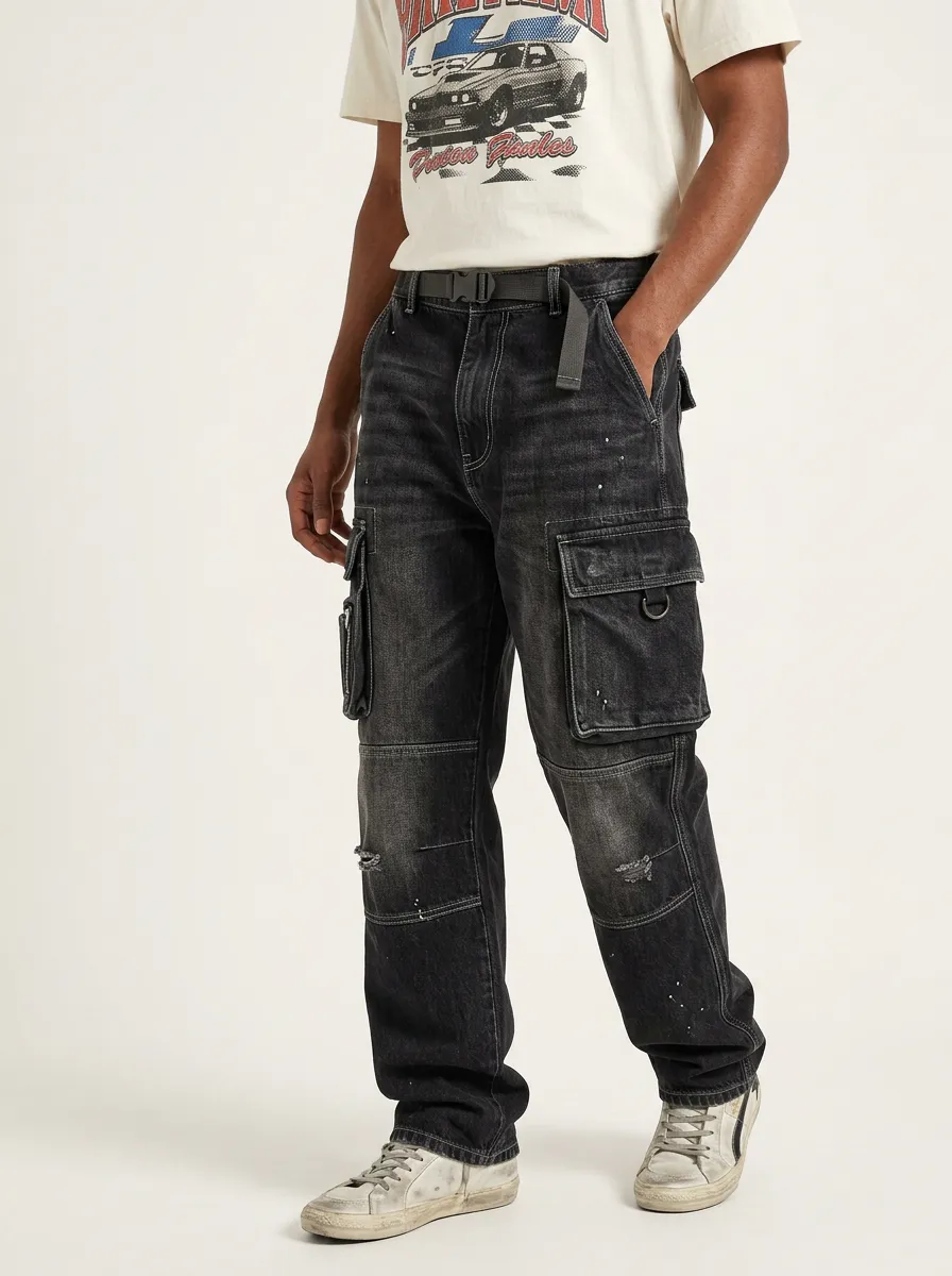 Men's Streetwear Distressed Black Cargo Jeans with Belt