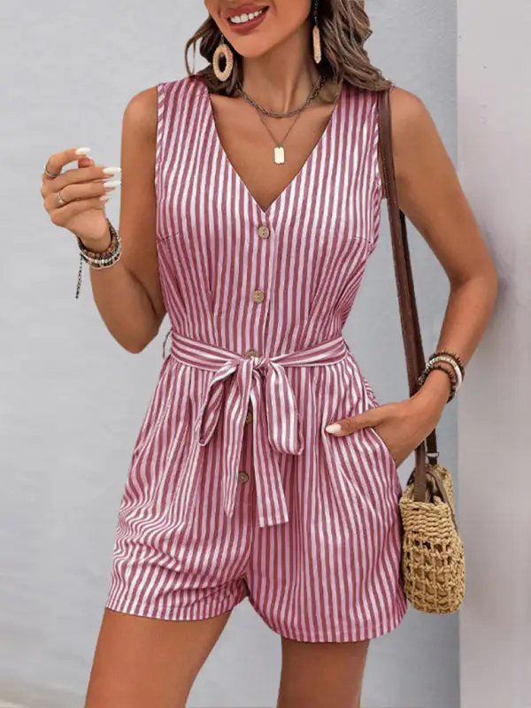 V Neck Sleeveless Striped Jumpsuit
