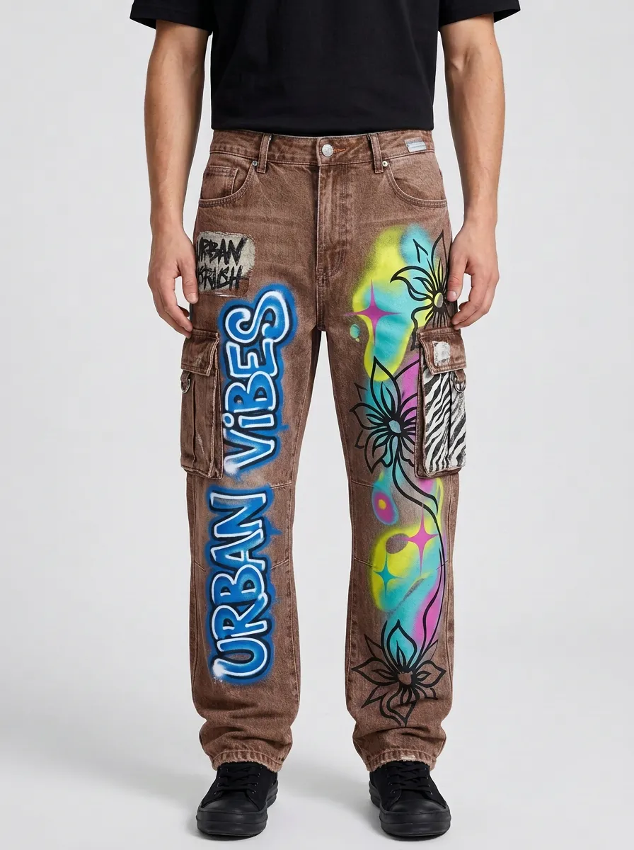 Men's Streetwear Urban Vibes Graffiti Floral Graphic Cargo Jeans