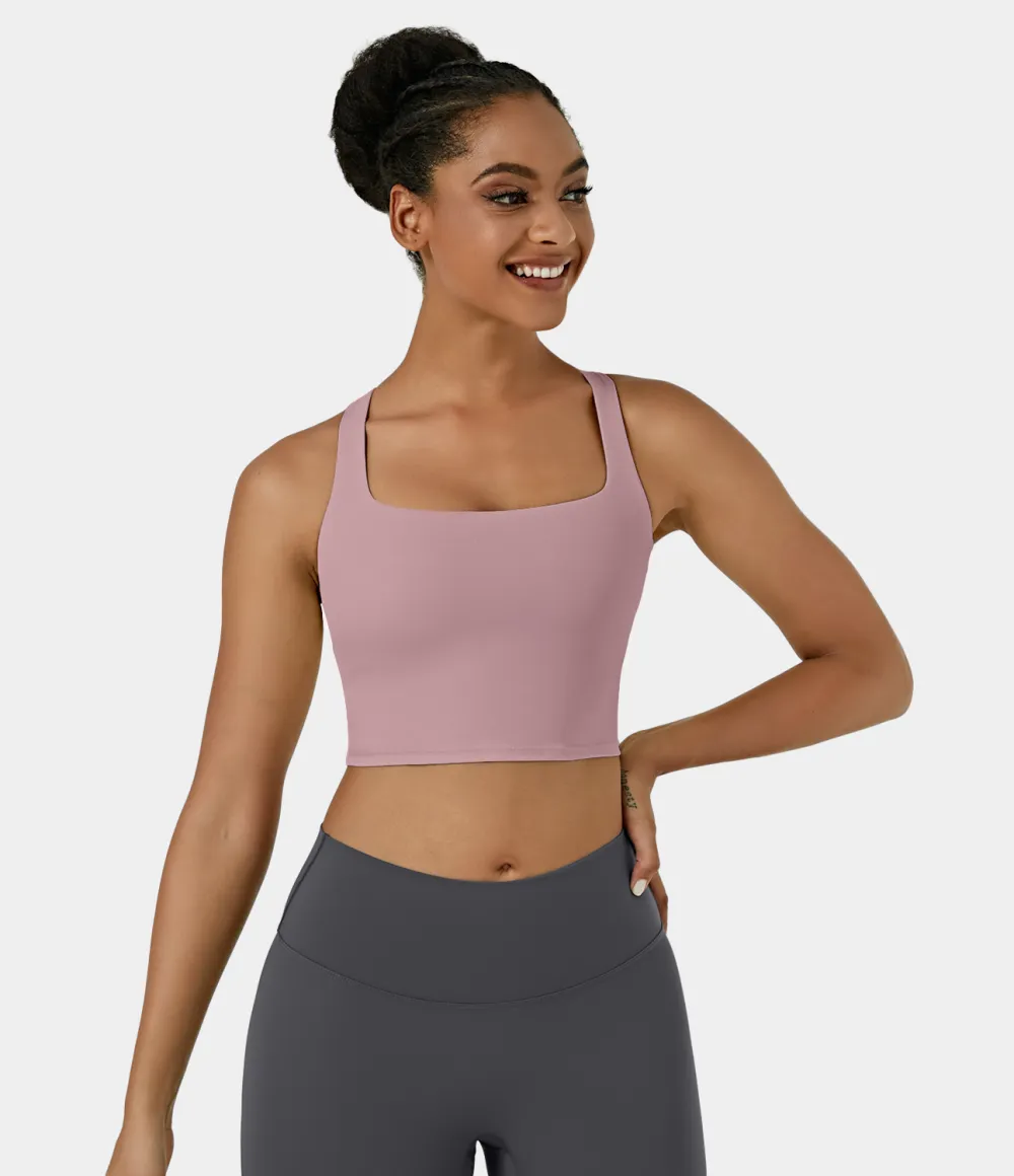 Softlyzero Airy Square Neck Backless Crisscross Cropped Cool Touch Yoga Tank Top-UPF50+