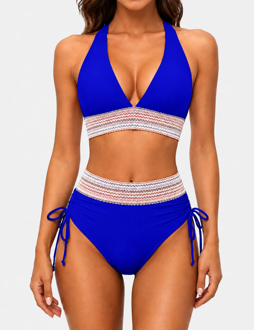 Deep V Neck Colorful Zigzag Smocked Trim Bikini Set