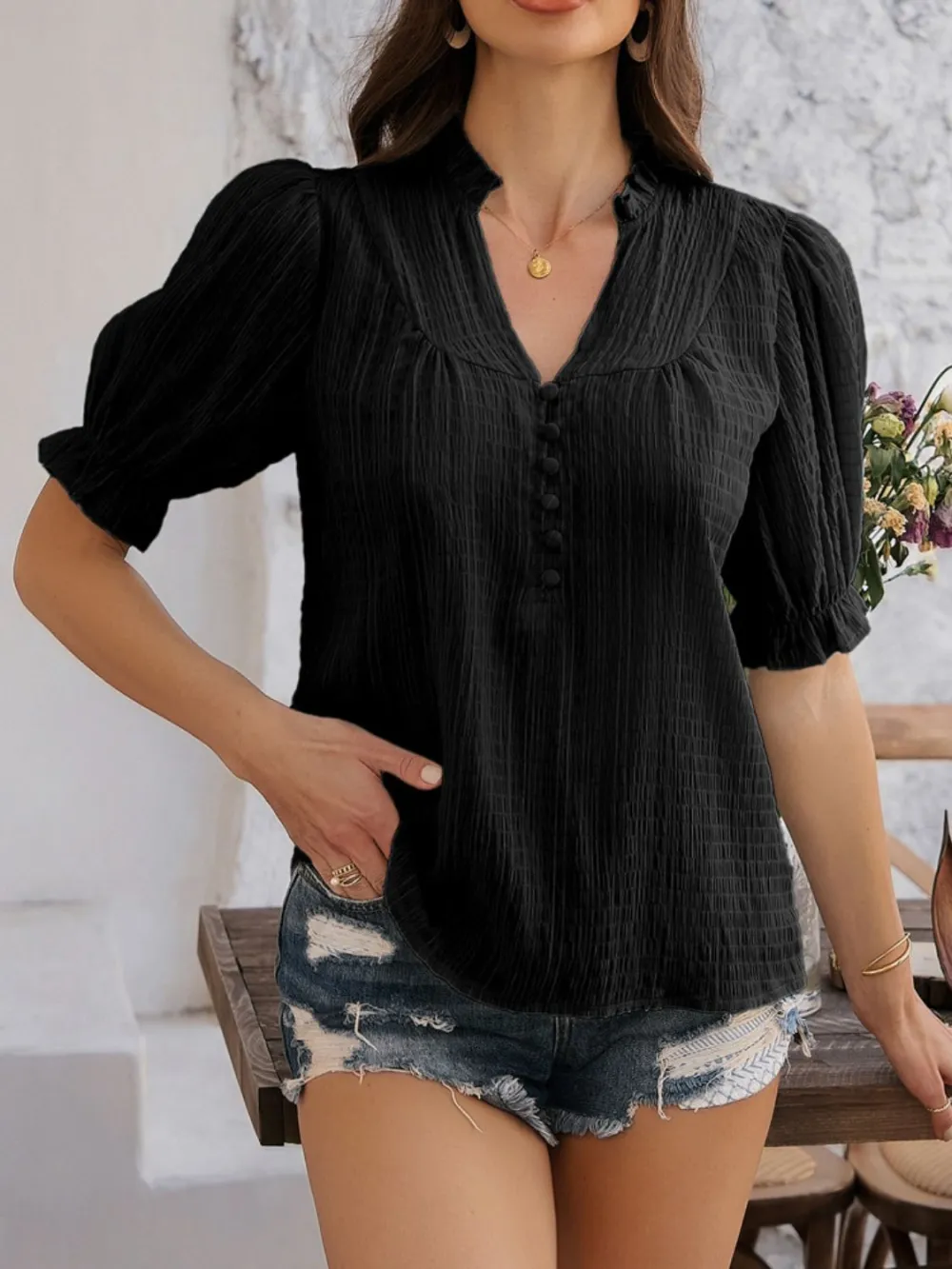 Notched-Neck Short-Sleeve Sheer Buttoned Blouse