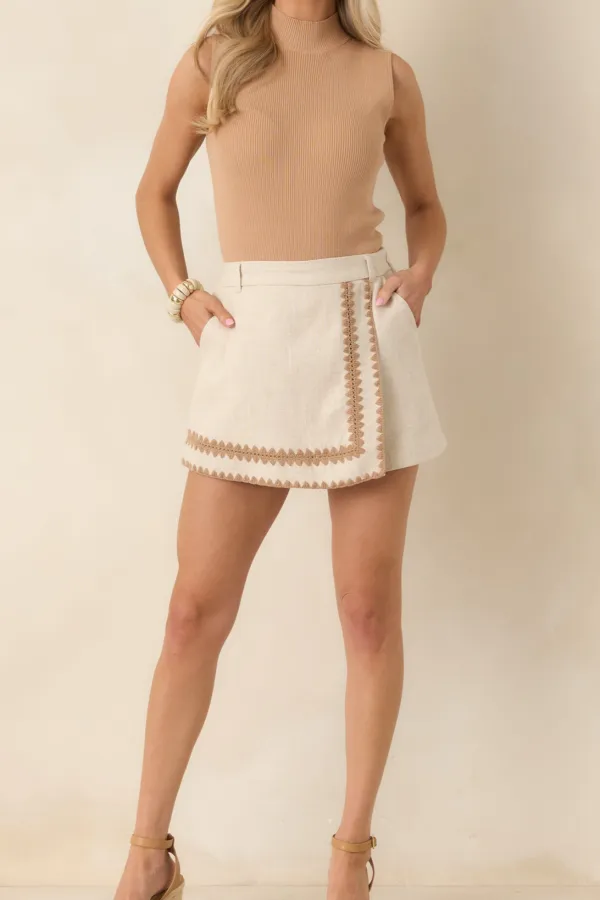 The Edge Natural Embroidered Detail Cotton Linen Mini Skort