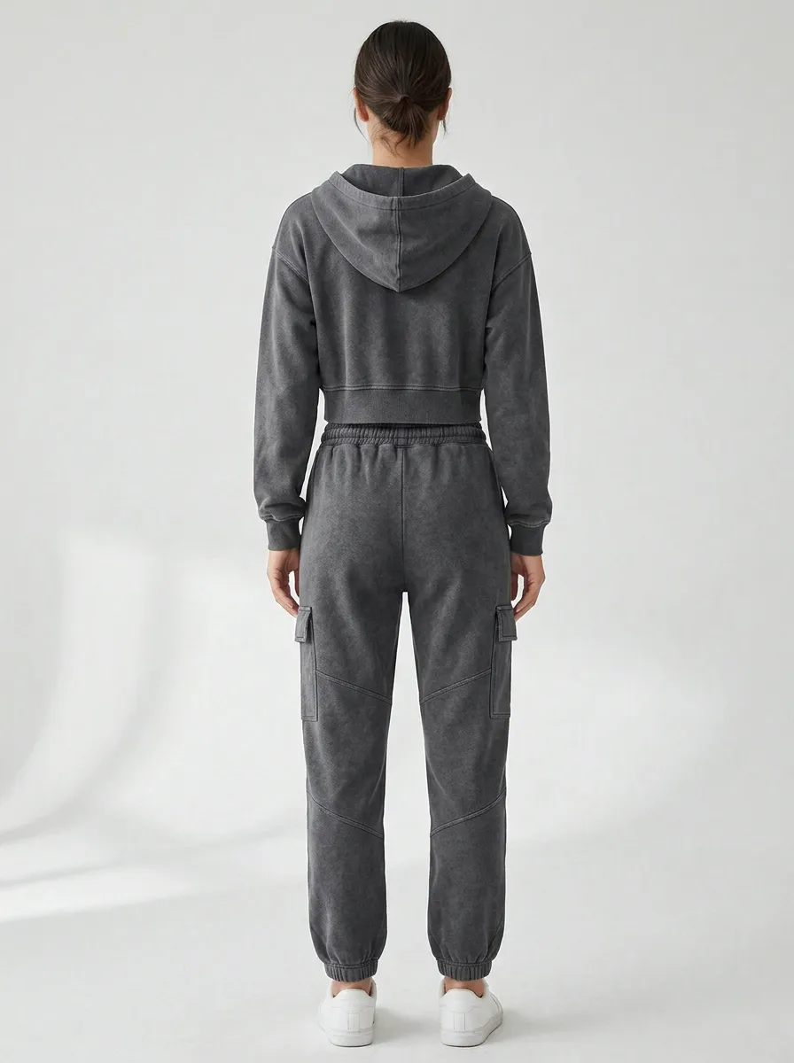 Cropped Mineral-Wash Cargo-Jogger Jogger Women's Cropped Zip-Up Hoodie Jogger Active Set