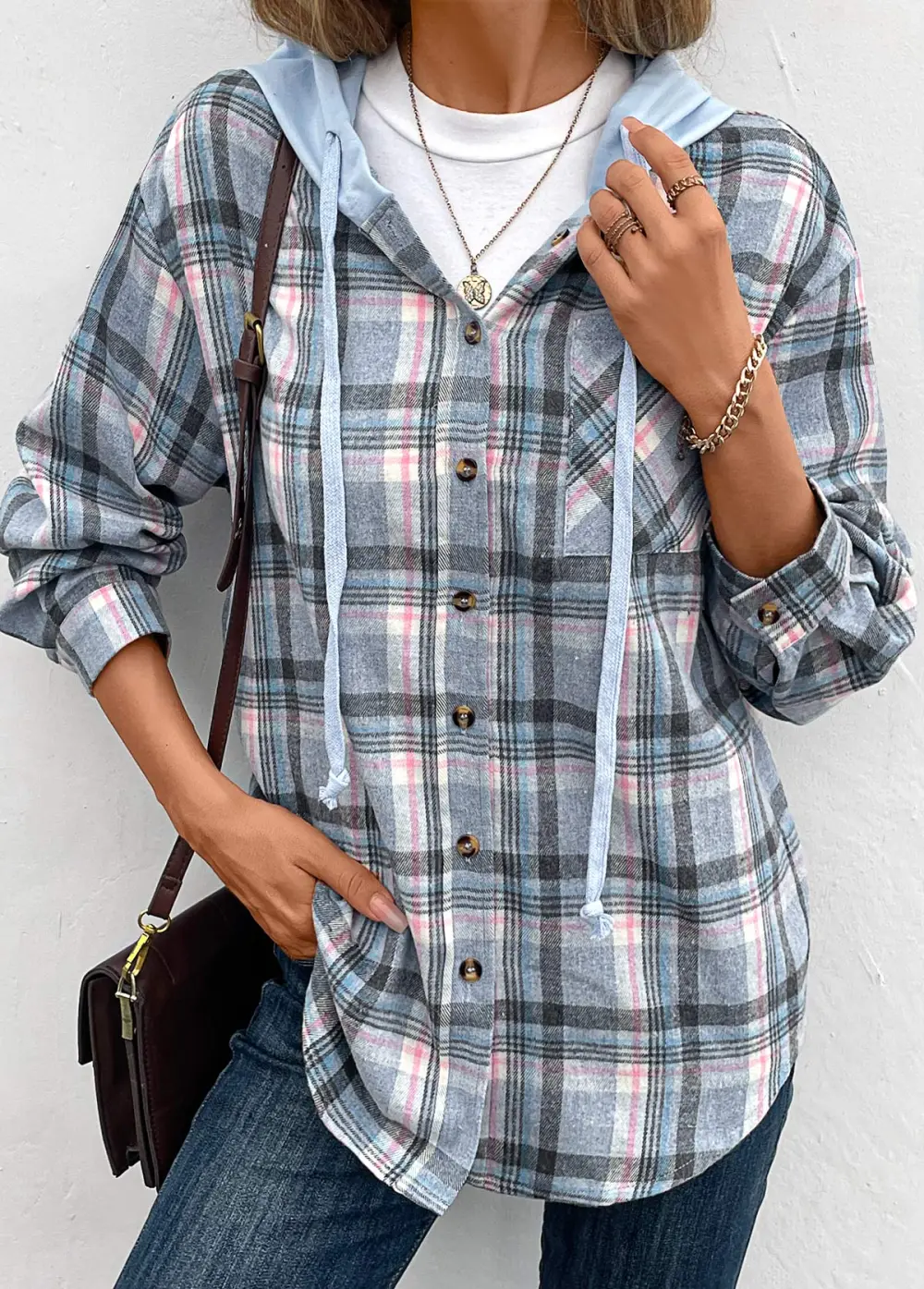 Blue Drawstring Plaid Long Sleeve Hooded Coat