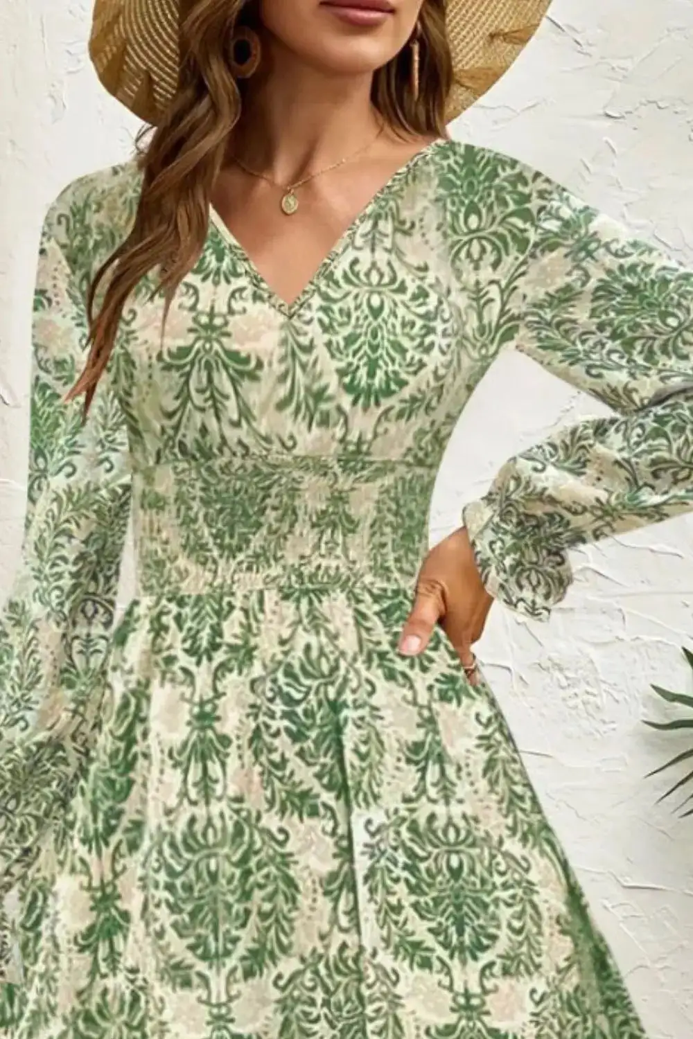 Printed V Neck Long Sleeve Maxi Dress