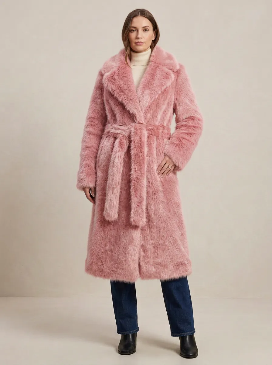 Notched Lapel Charcoal Faux Fur Belted Coat