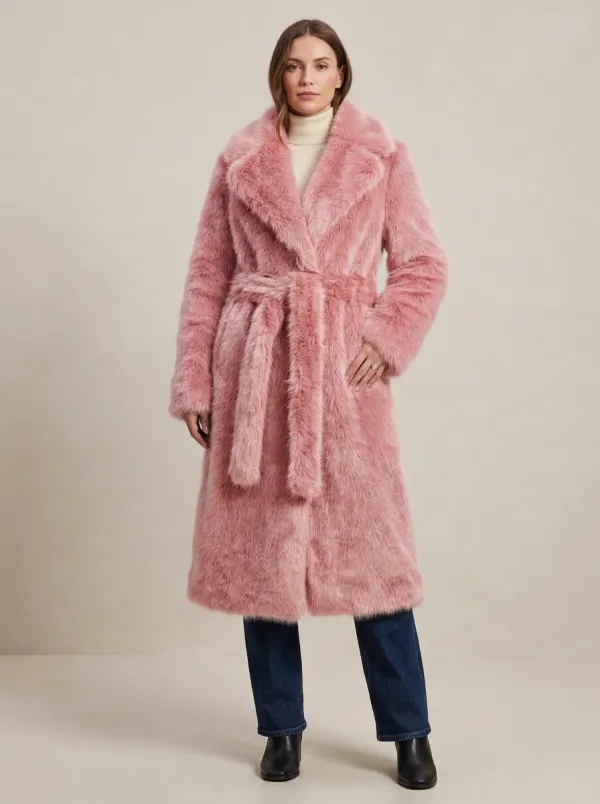 Notched Lapel Charcoal Faux Fur Belted Coat