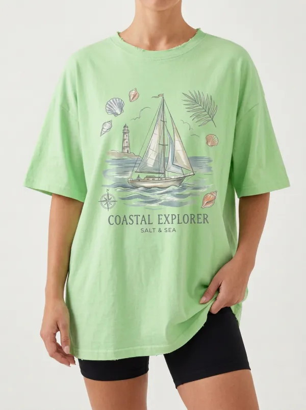 Women's Coastal Explorer Sailboat Lighthouse Seashell Printed T-Shirt