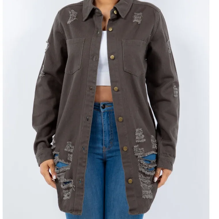 Distressed Button-Up Long-Sleeve Denim Jacket