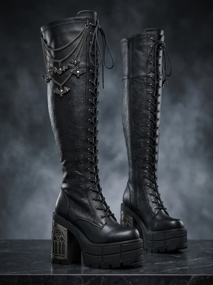 Darkwear Bat Lace Lace-Up Finish Women's Gothic Platform Boots