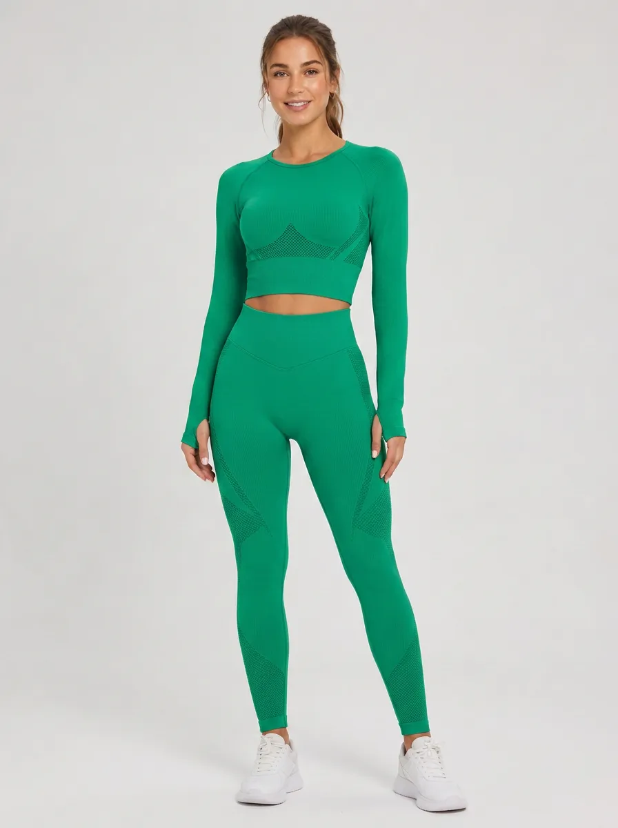 Women's Fitness Gym Wear Green Seamless Printed Yoga Set