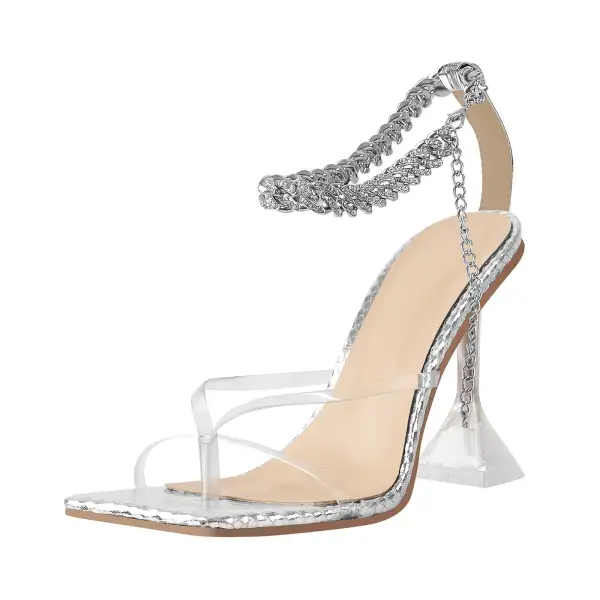 Square Toe Metal Chain Tapered Heel Sandals