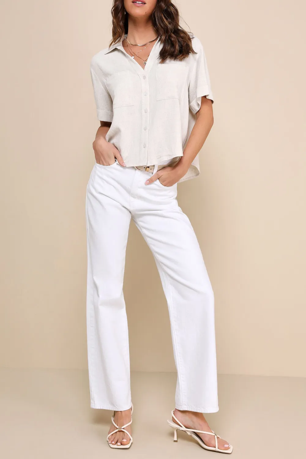 Casual Style Linen Collared Button-Up Top