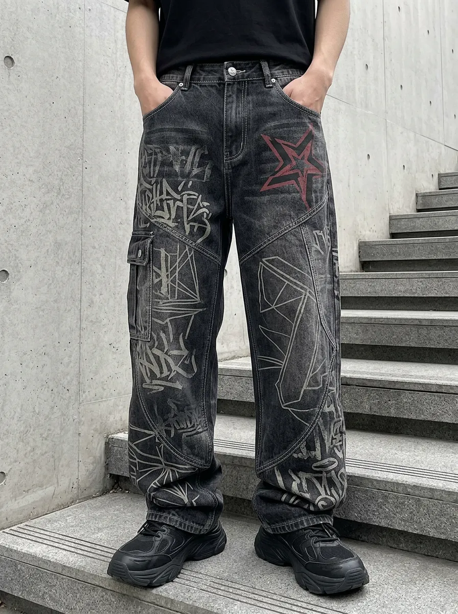 Men's Streetwear Graffiti Star Cargo Detail Jeans