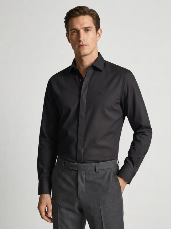 Men's Non-Iron Cotton  Logo Embroidered Long Sleeve Shirt