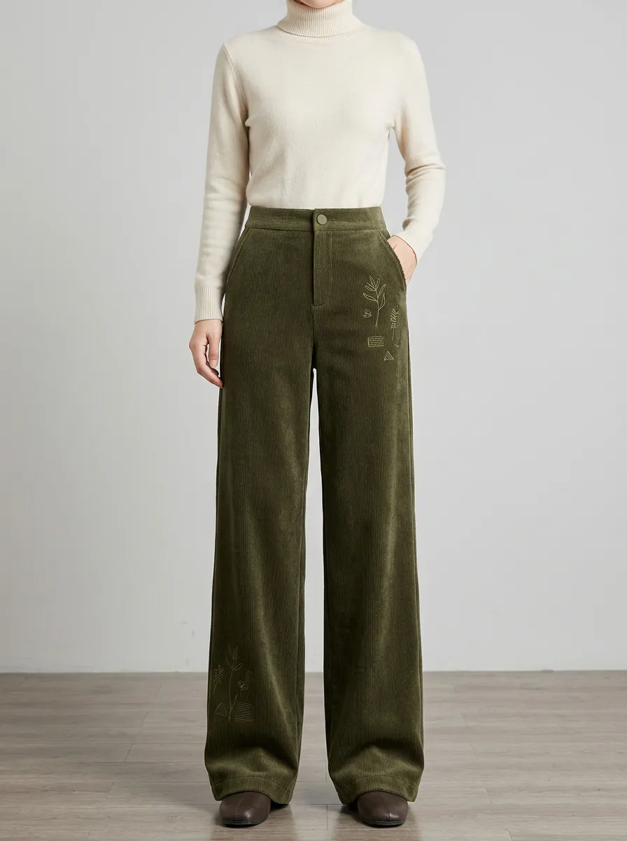 Women's Botanical Minimalist Line Art Printed Corduroy Pants