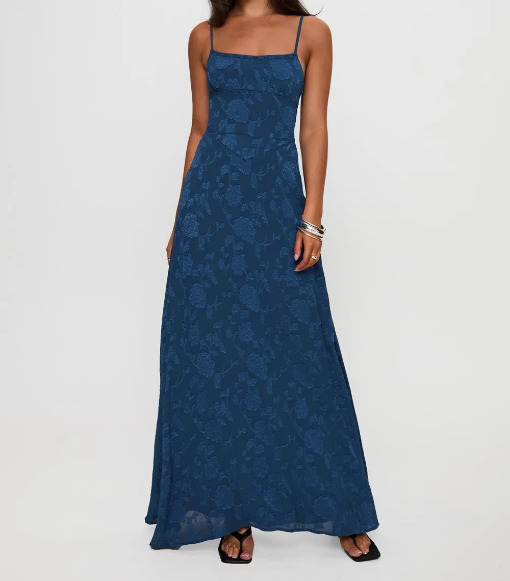 Navy Lace-Up Floral Maxi Dress
