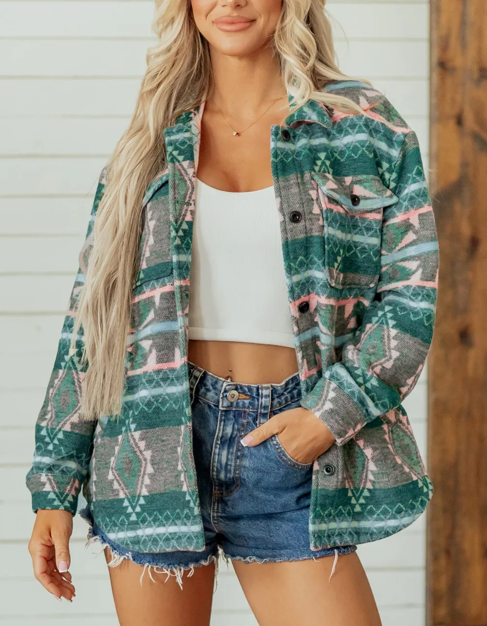 Women's Geometric Print Button Front Long Sleeve Shacket