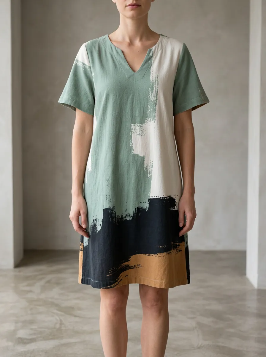 Women's Abstract Brushstroke Printed V-Neck Dress