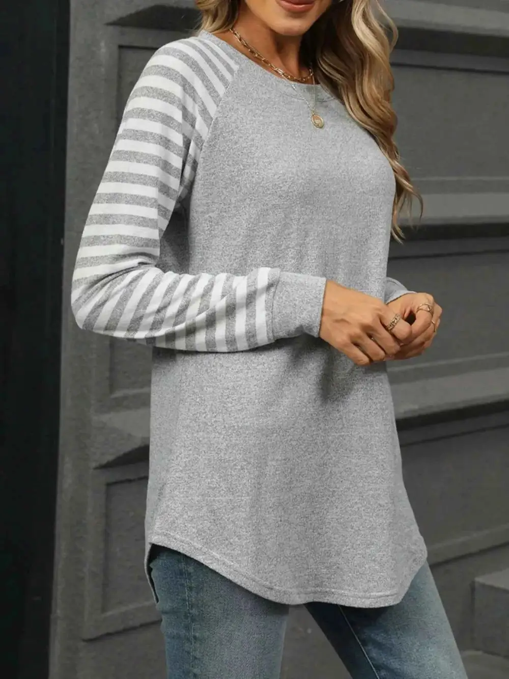 Striped Round Neck Raglan Sleeve T-Shirt