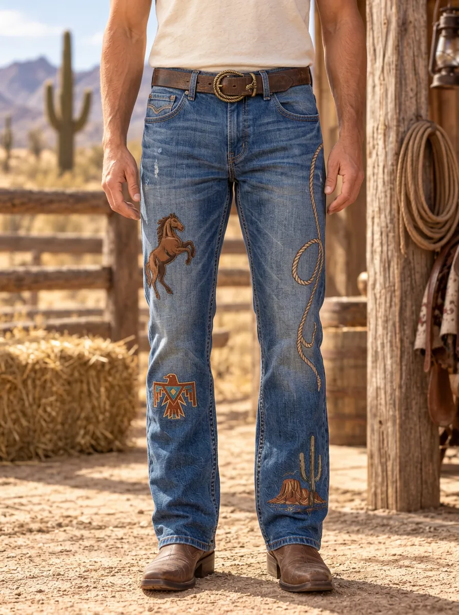 Men's Heritage Inspired Western Cowboy Horse Lasso Cactus Jeans