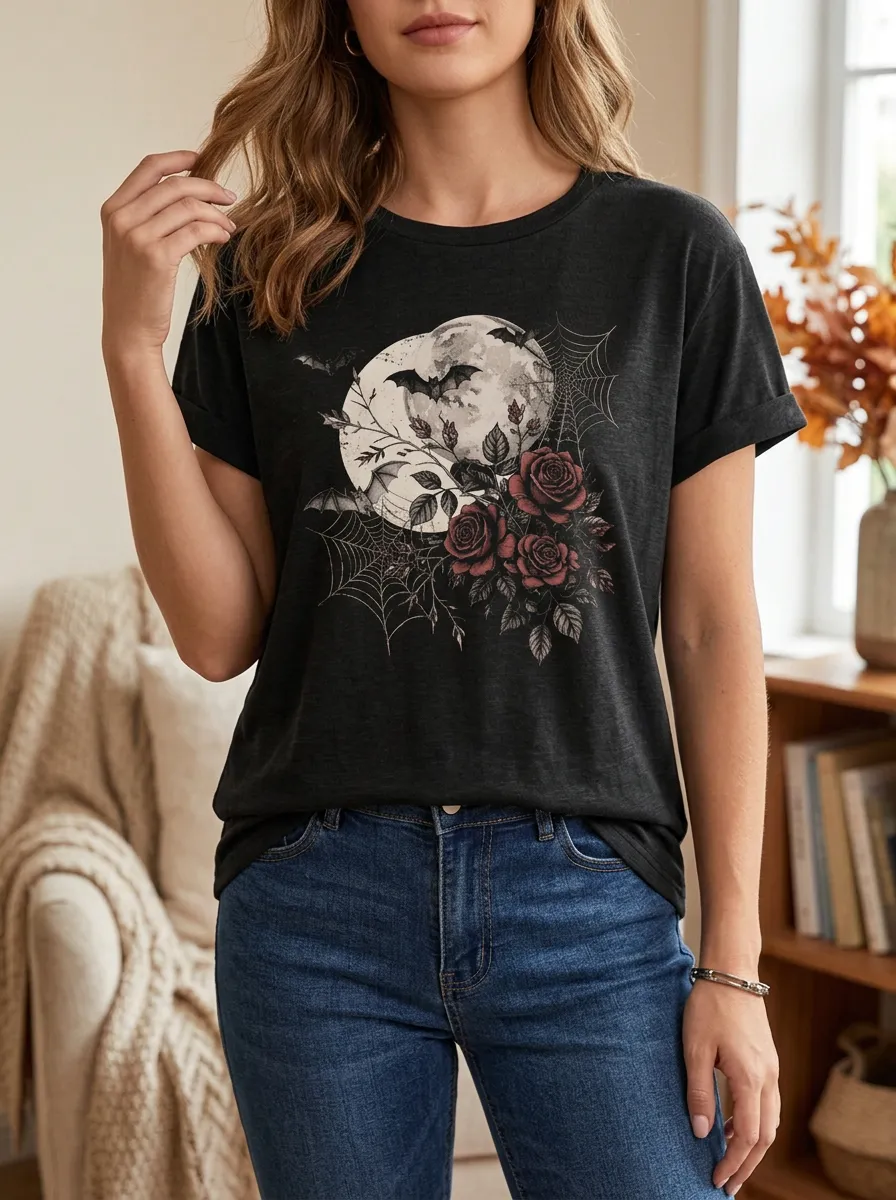 Women's Halloween Gothic Moon Rose Bat Printed T-shirt