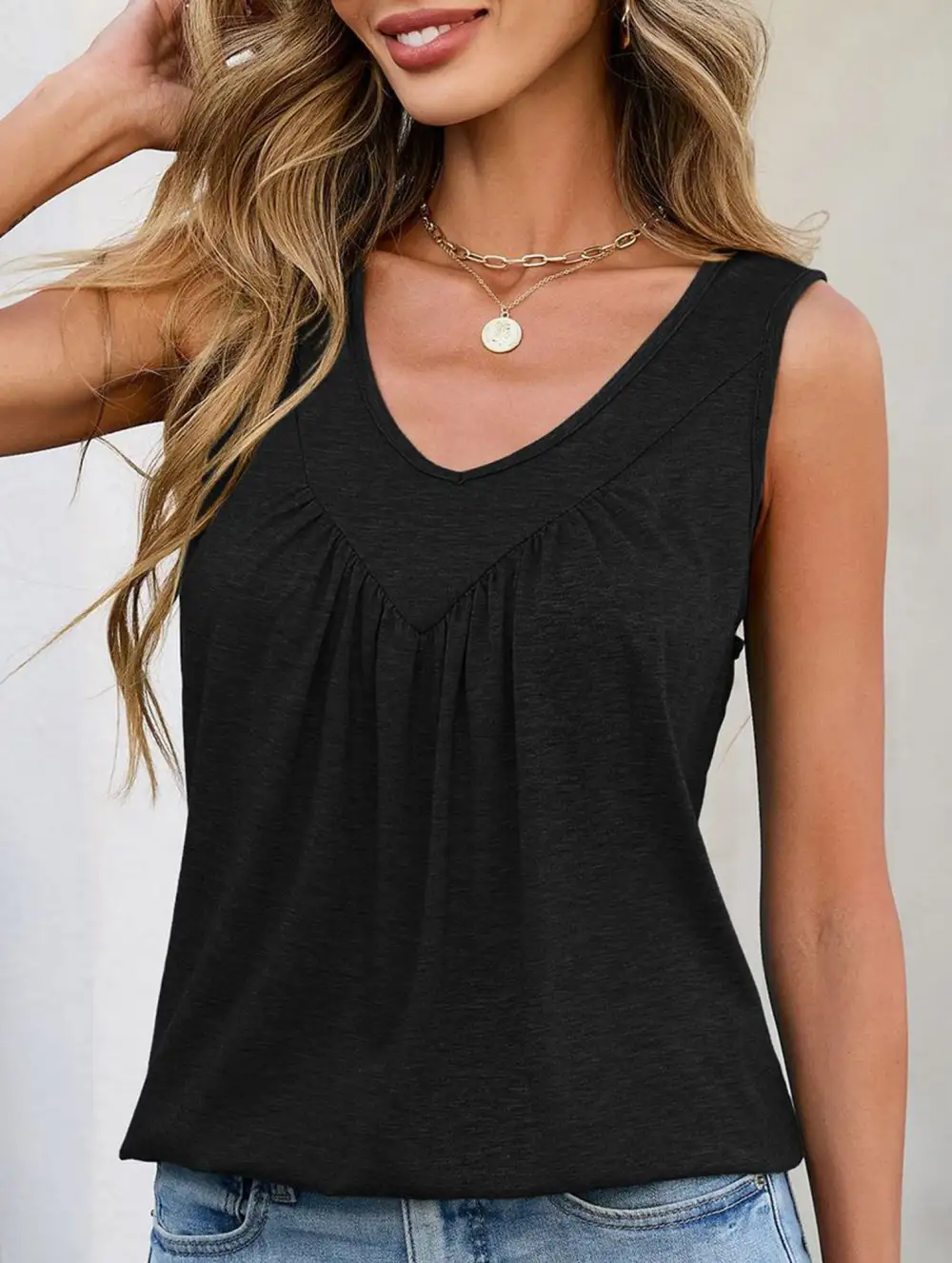 Ruched V Neck Sleeveless Tank Top
