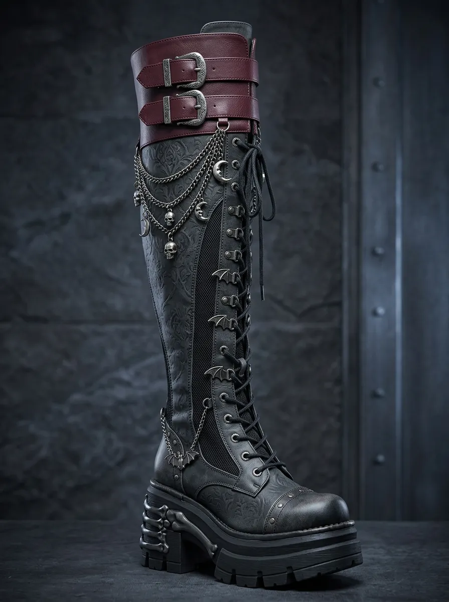 Classic Gothic Skull Bat Moon Profile Women's Gothic Platform Boots