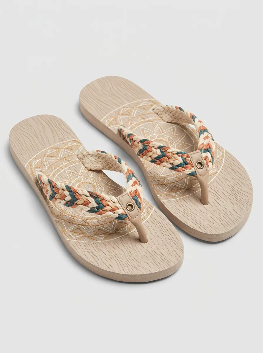 Women's Boho Style Mandala Pattern Braided Strap Printed Flip Flops