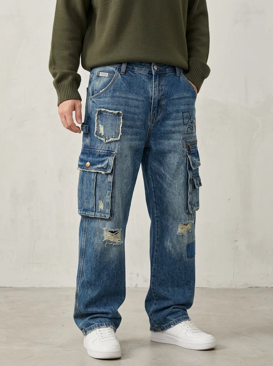 Men's Blue Distressed Mid Blue Zip Utility Pocket Raw Edge Cargo Pants