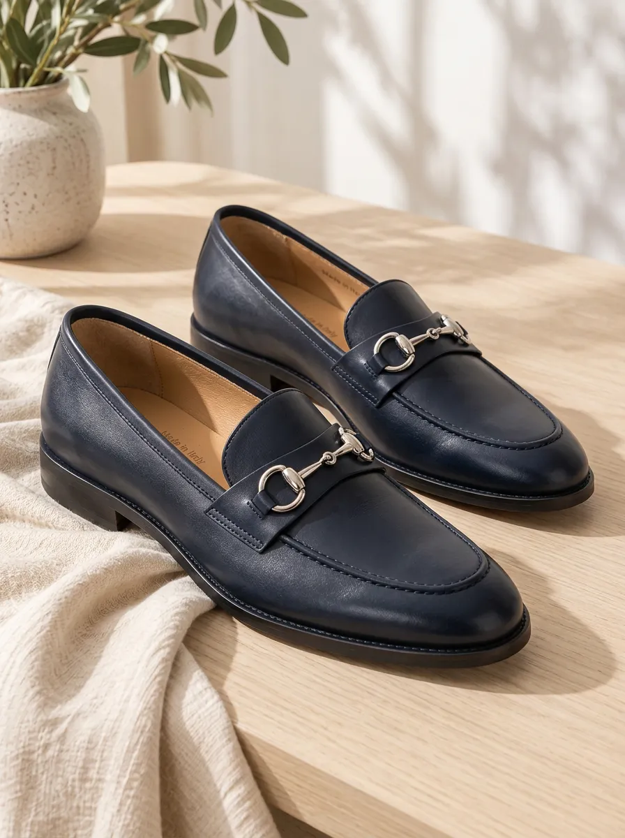 Unisex Navy Blue Horsebit Leather Loafers