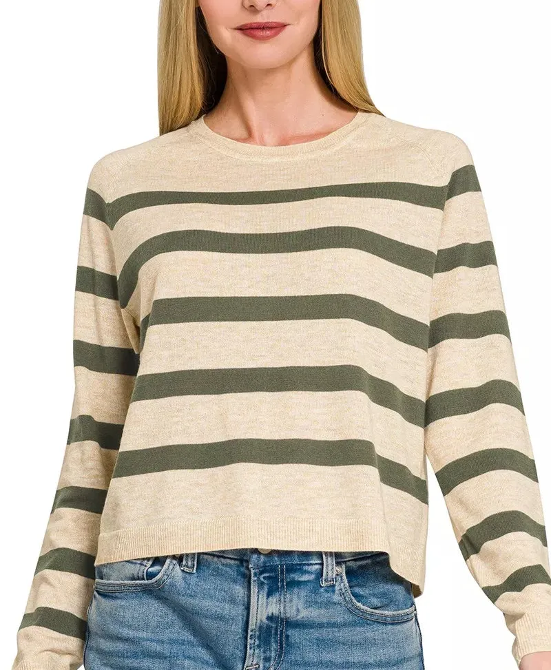 Lightweight Wool Blend Striped Round Neck Sweater