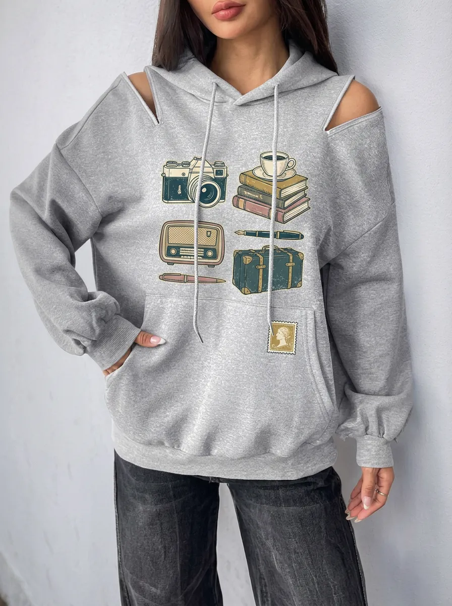 Women's Vintage Traveler Camera Books Printed Cold Shoulder Hoodie