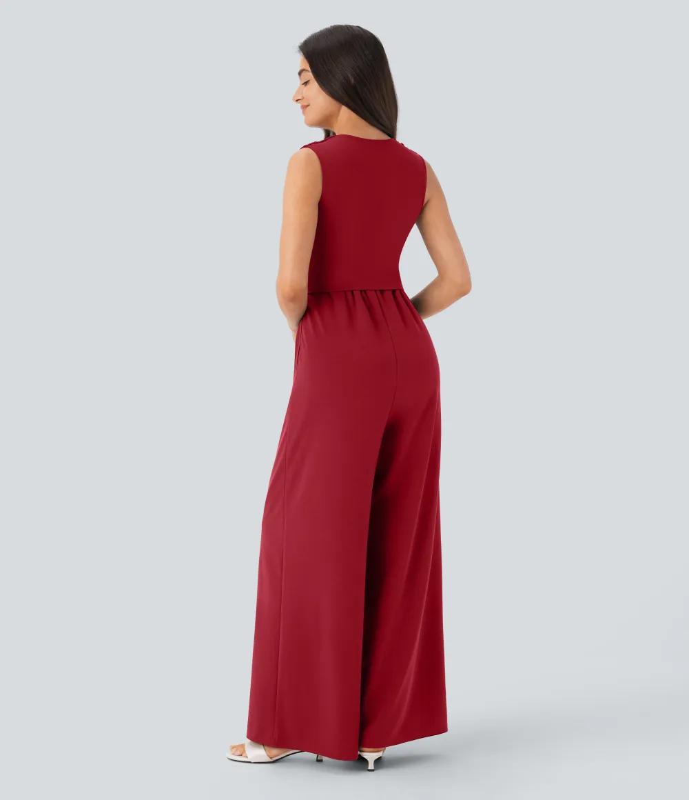 SculptKnit V Neck Sleeveless Ruched Pocket Jumpsuit-Easy Peezy