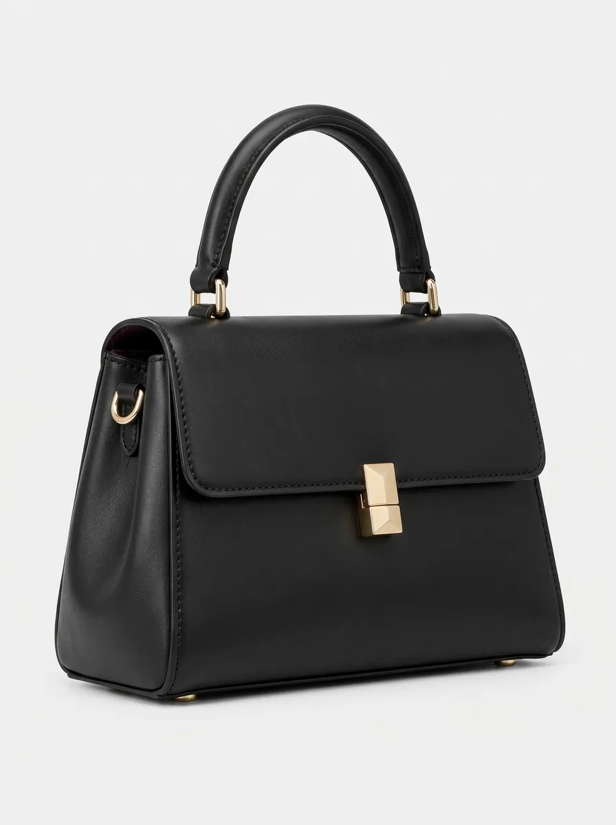Women's Modern Black Satchel Handbag with Gold Tone Clasp