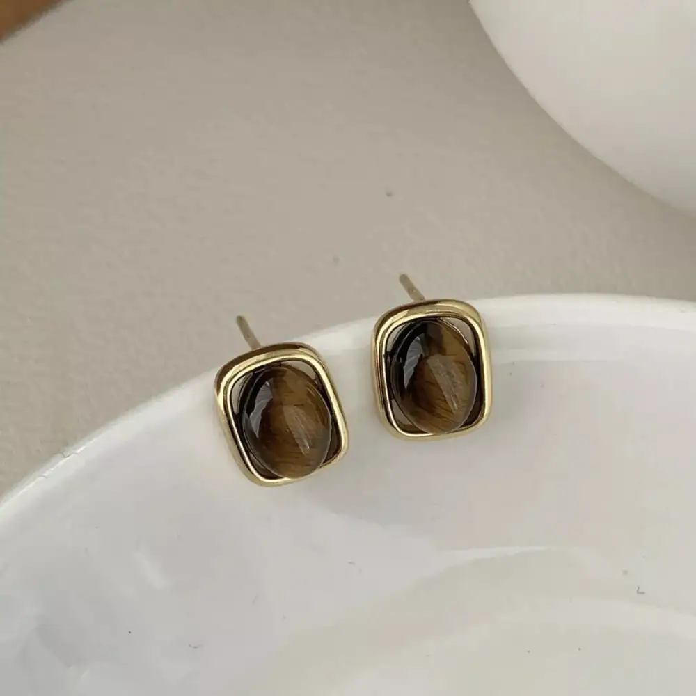 Square Tiger Eye Stud Earrings
