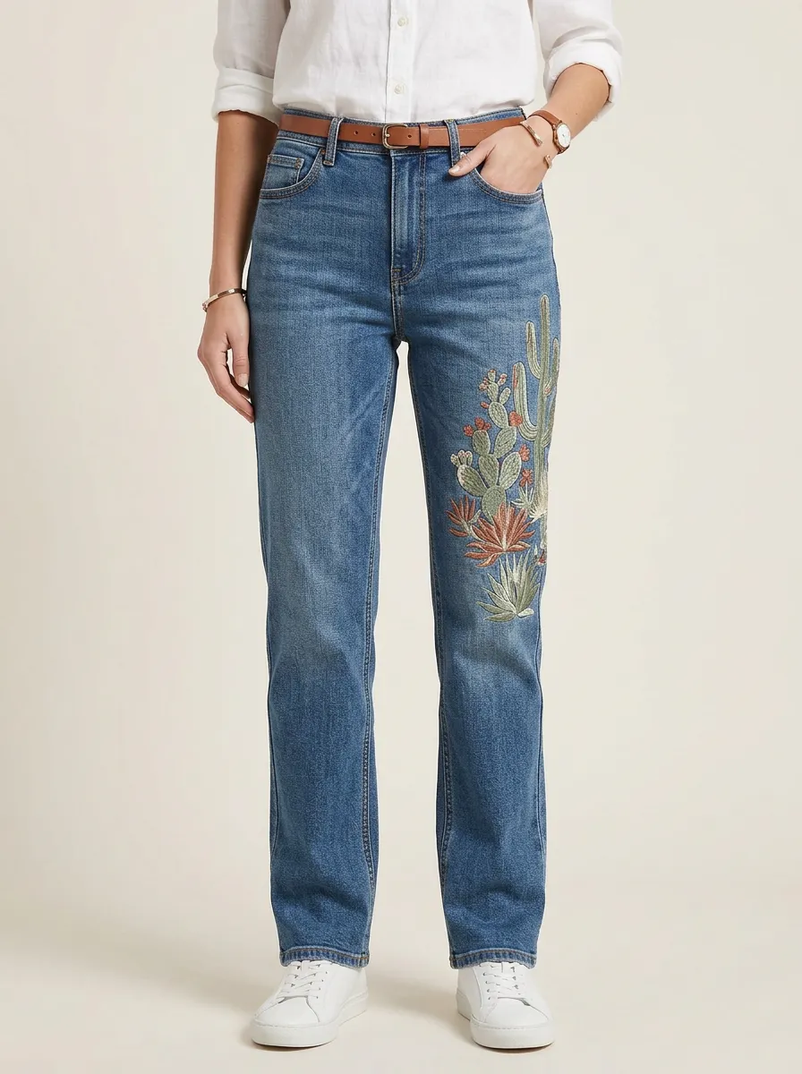 Women's Desert Lover Cactus Embroidered Printed Straight Leg Jeans