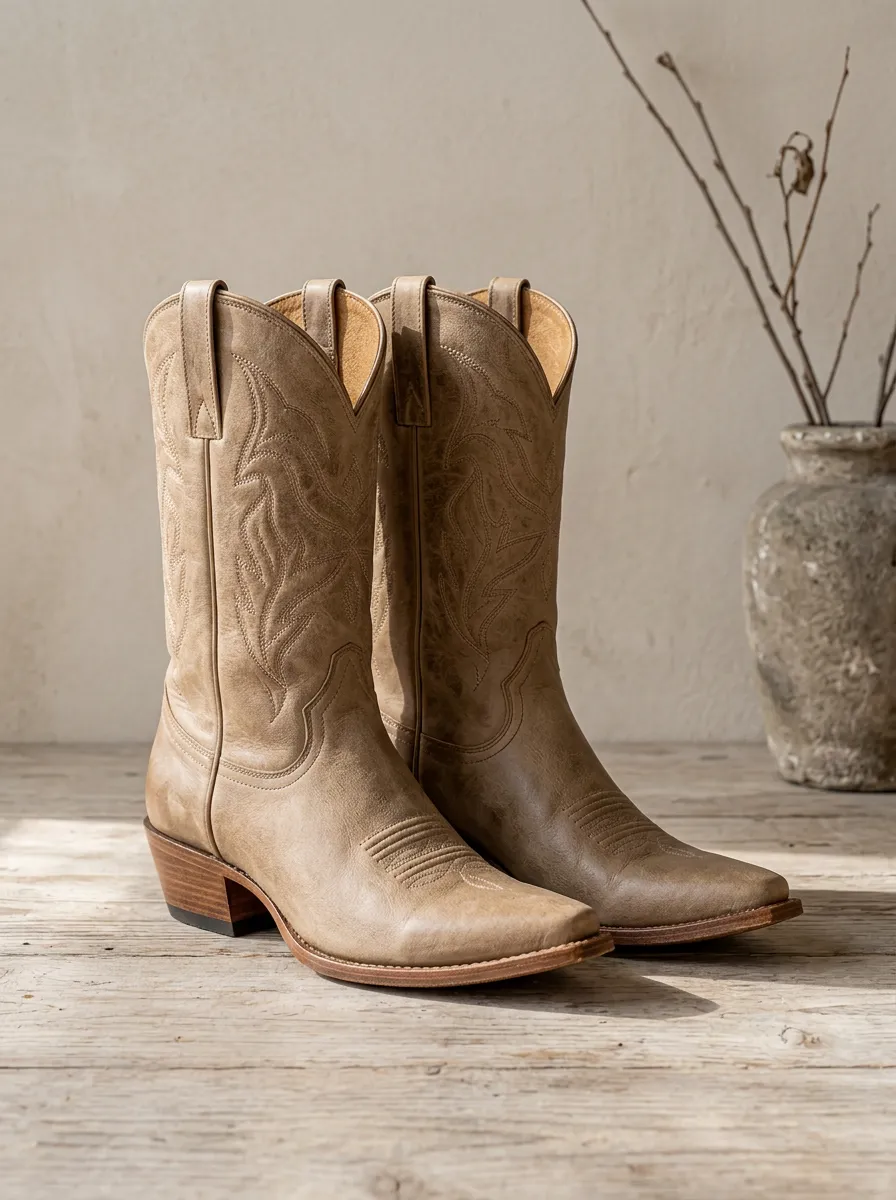 Unisex Vintage Western Cowboy Embroidered Tan Leather Boots