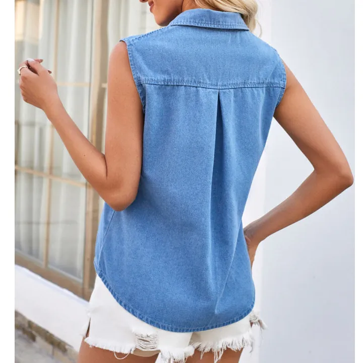 Pocketed Button Up Sleeveless Denim Top
